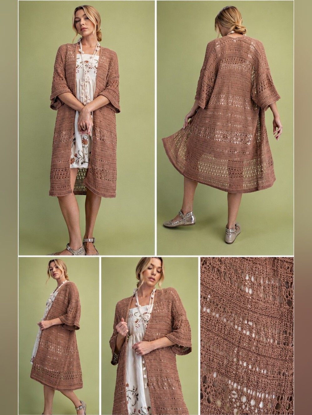 Easel Boho Open Knit Midi Duster Cardigan – Mocha – Size Small NWT